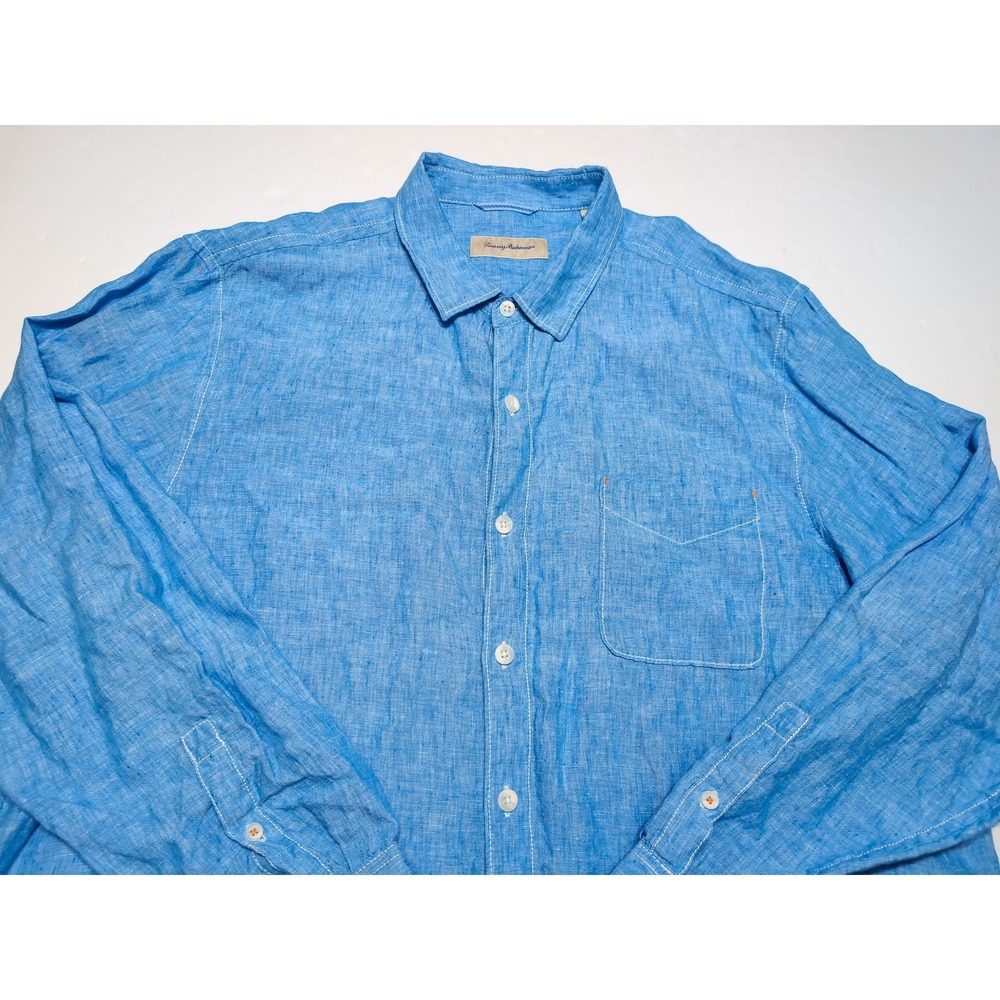 TOMMY BAHAMA 100% Linen Long Sleeve Button Shirt Solid Blue XXL 2XL - Picture 5 of 8